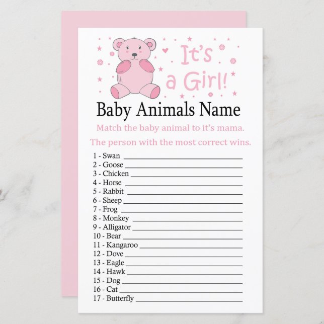Pink bear Baby Animals Name Game (Front/Back)