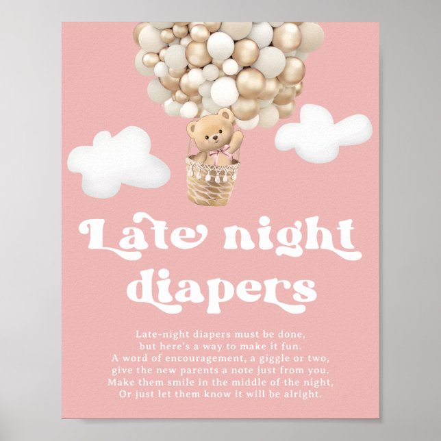Pink Bear Baby Shower Game Late Night Diapers Poster (Front)