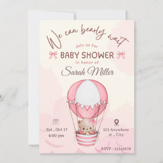 Pink bear baby shower invitation