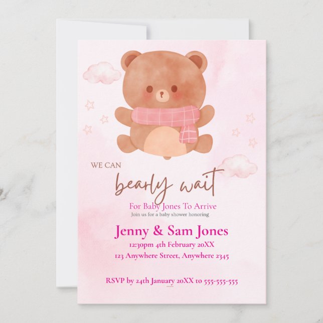 Pink Bear Baby Shower Invitation | Cute & Customis (Front)