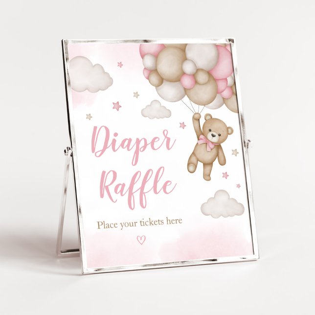 Pink Bear Balloon Baby Shower Diaper Raffle Poster (Girl Bear Baby Shower Diaper Raffle Sign)