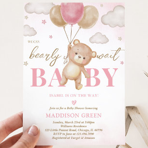 Pink Bear Balloon Baby Shower Invitation
