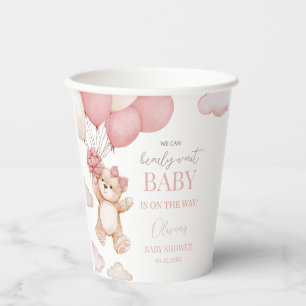 Pink Bear Balloon Bearly Wait Baby Shower Round Paper Cups