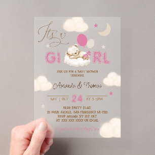 Pink Bear Boho Baby Shower Acrylic Invitations