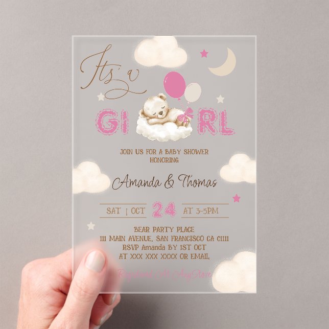 Pink Bear Boho Baby Shower Acrylic Invitations (Insitu (Handheld))