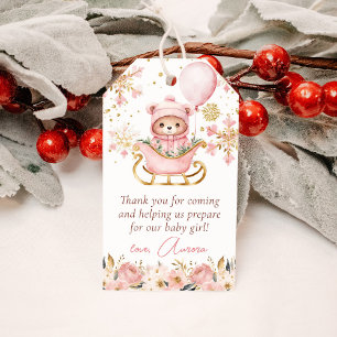 Pink Bear Christmas Baby Shower Thank You Favour Gift Tags
