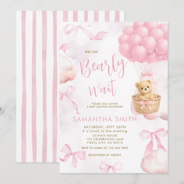 PINK Bear Cloudy Balloon Baby Shower Invite (Front/Back)