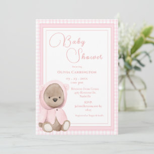 Pink Bear Gingham Vintage Baby Shower Invitation