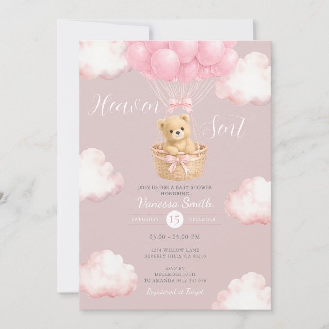 Pink Bear Heaven Sent Balloon Baby Shower Invite (Front)