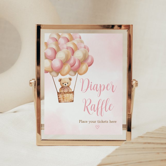 Pink Bear Hot Air Balloon Baby Diaper Raffle Poster (Girl Bear Boho Baby Shower Diaper Raffle Sign)