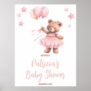 Pink Bear in Hot Air Balloon Baby Shower Welcome Poster