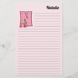 Pink Bear Mongram N Lined with Name Stationery