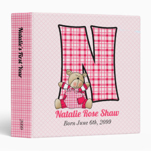Pink Bear Monogram Letter N Baby Scrapbook Binder