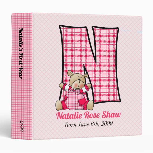 Pink Bear Monogram Letter N Baby Scrapbook Binder (Front/Spine)