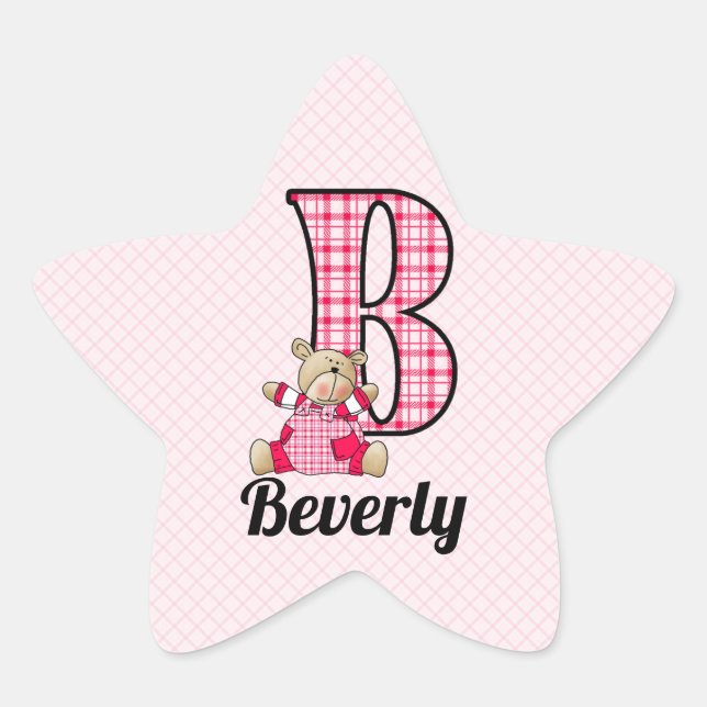 Pink Bear Monogrammed B with Name Star Sticker (Front)