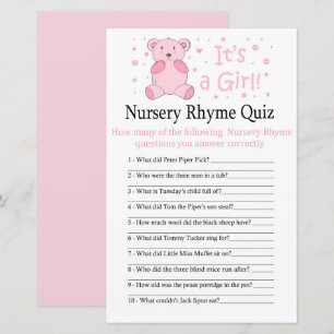 Pink bear Nursery Rhyme Quiz baby shower game
