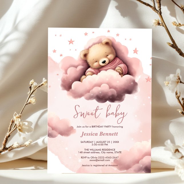 Pink bear on clouds baby birthday invitation  (Cute sleeping bear in pink clouds baby shower)
