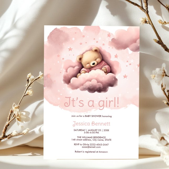 Pink bear on clouds baby shower invitation  (Cute sleeping bear in pink clouds baby shower)