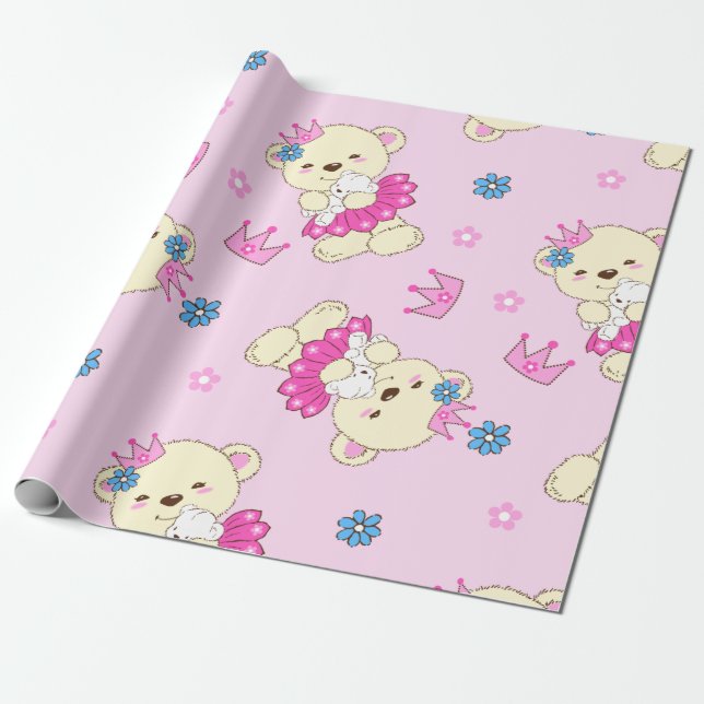 Pink Bear Princess Wrapping Paper (Unrolled)