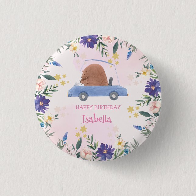 Pink Bear Race car Tropical flower Birthday party 1 Inch Round Button (Front)