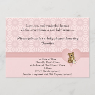 Pink Bear Retro Flowers Baby Shower Invitation