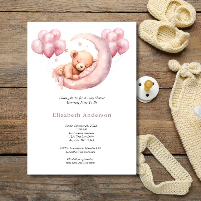 Pink Bear Sleeping in Moon Balloons Baby Shower Invitation (Pink Baby Bear Sleeping in Moon Baby Shower for Girl Invitation)
