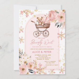 Pink Bear Stroller Girl Bearly Wait Baby Shower  Invitation