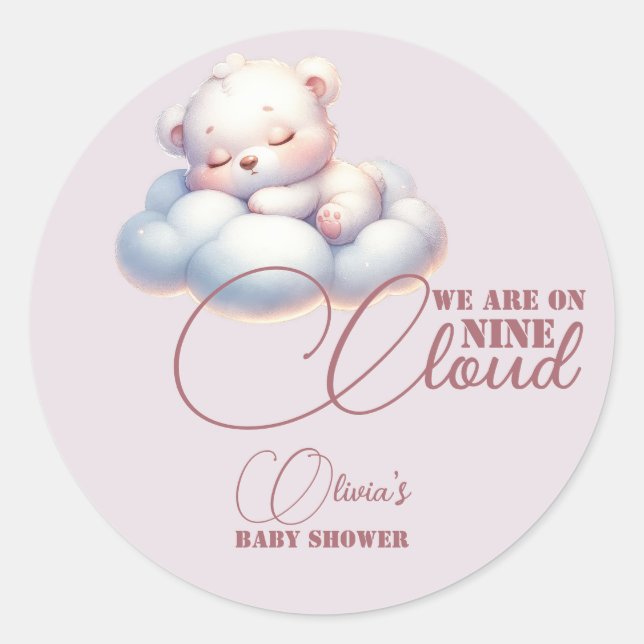 Pink Bear We are on cloud nine Baby Shower Classic Round Sticker (Front)
