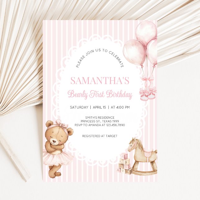 Pink Bearly First Birthday Party Invitation (Bearly First Birthday Invitation)
