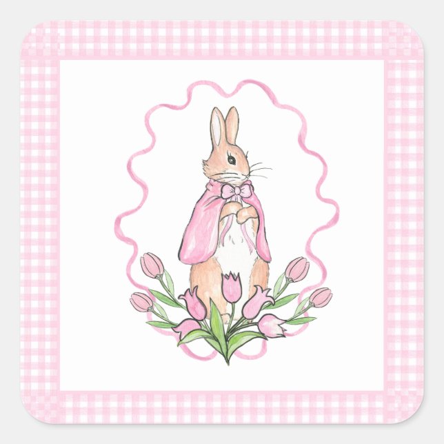 Pink Beatrix Potter Plaid Animal Theme Baby Shower Square Sticker (Front)