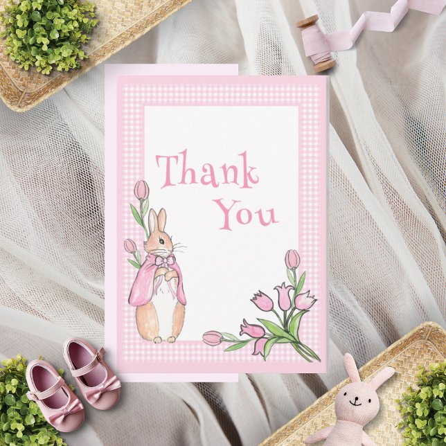 Pink Beatrix Potter Plaid Animal Theme Baby Shower Thank You Card (Creator Uploaded)