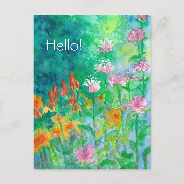 Pink Bee Balm Flower Garden Hello Postcard (Front)