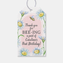 Pink Bee-Day Birthday Favor Gift Tags with Daisies