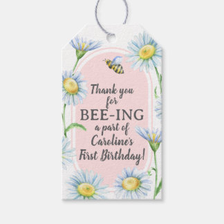Pink Bee-Day Birthday Favor Gift Tags with Daisies