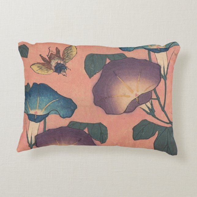 Pink Bee Flower Classic Hokusai Art Accent Pillow (Back)
