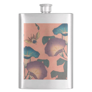 Pink Bee Flower Classic Hokusai Art Hip Flask