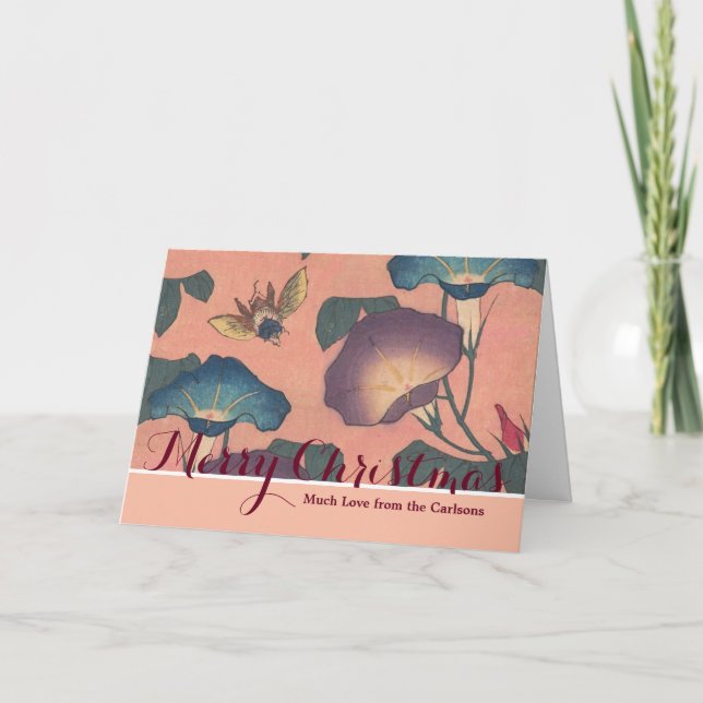 Pink Bee Flower Classic Hokusai Art Holiday Card (Front)