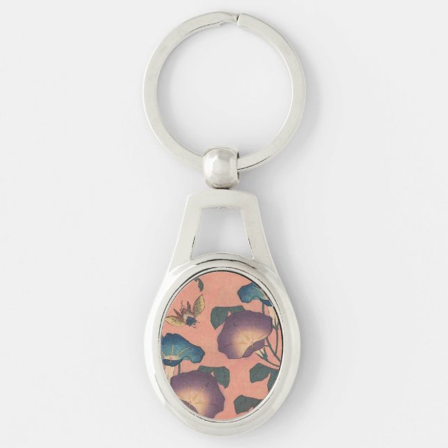 Pink Bee Flower Classic Hokusai Art Keychain (Front)
