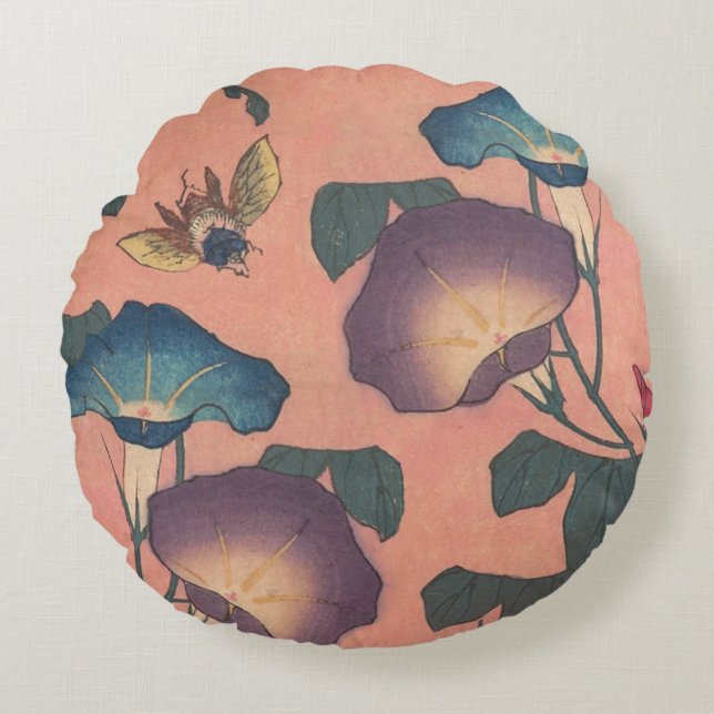 Pink Bee Flower Classic Hokusai Art Round Pillow (Front)