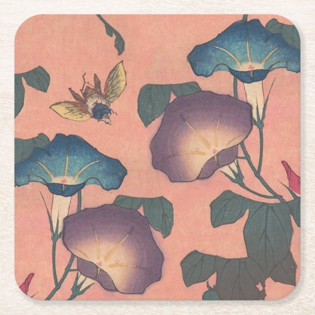 Pink Bee Flower Classic Hokusai Art Square Paper Coaster (Front)