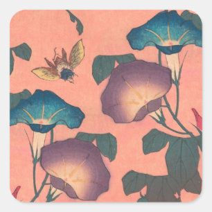 Pink Bee Flower Classic Hokusai Art Square Sticker