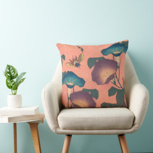 Pink Bee Flower Classic Hokusai Art Throw Pillow