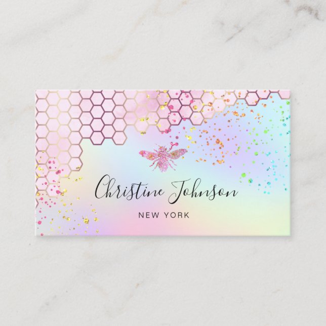 pink bee logo on pastel colours faux glitter business card (Front)