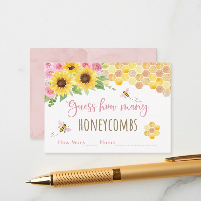 Pink Bee Sunflower Birthday Guess How Many Game Enclosure Card (Front/Back In Situ)