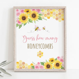 Pink Bee Sunflower Birthday Guess How Many Game Poster