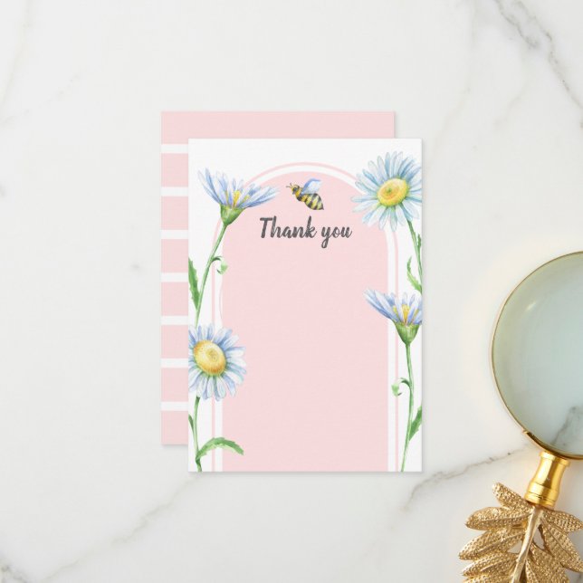 Pink Bee with Daisies Thank You Cards (Front/Back In Situ)