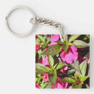 Pink Begonias and Green Shiny Leaves Keychain