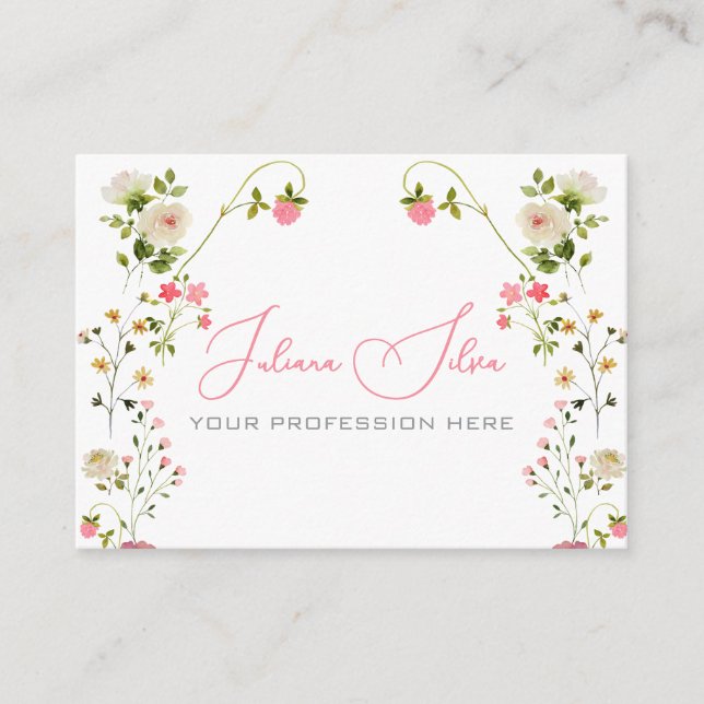 Pink Beige Aesthetic Floral Watercolor  Business Card (Front)