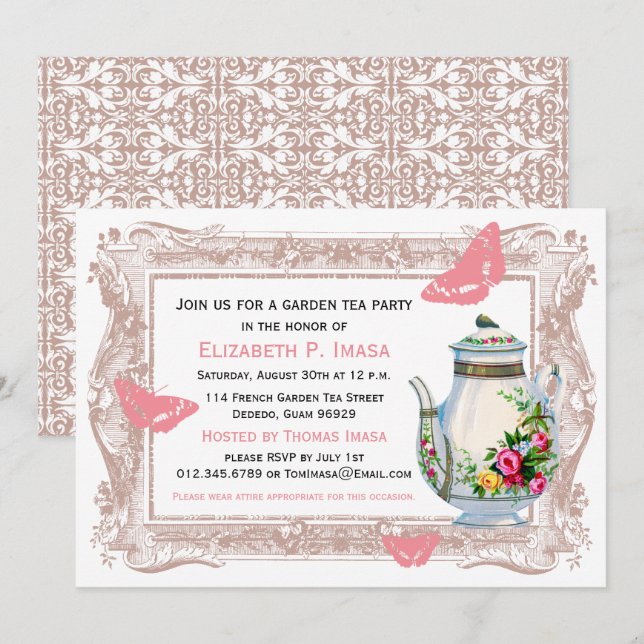 Pink & Beige Chic Country Garden Tea Party Invitation (Front/Back)