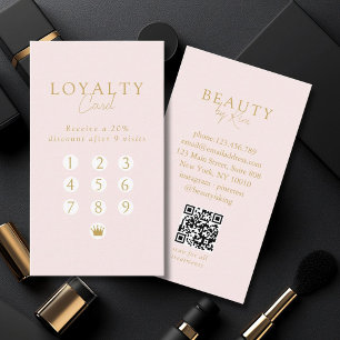 Pink & Beige-Gold  Minimal Salon QR Code Loyalty Business Card